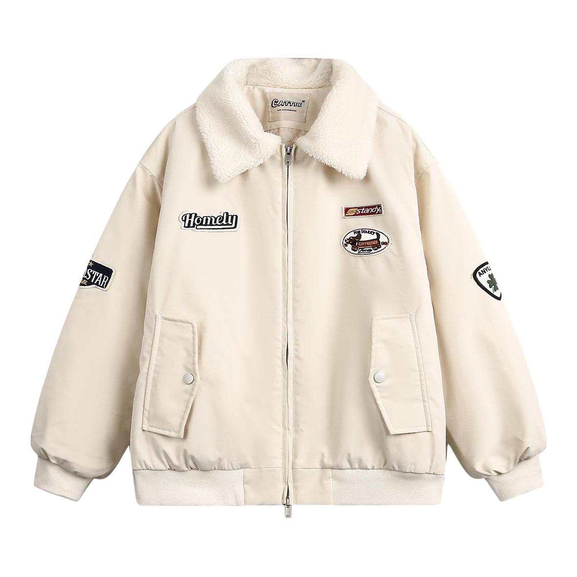 推荐商品：EOOVEN 徽章字母柔软长袖棉服 WZL-M2931 杏