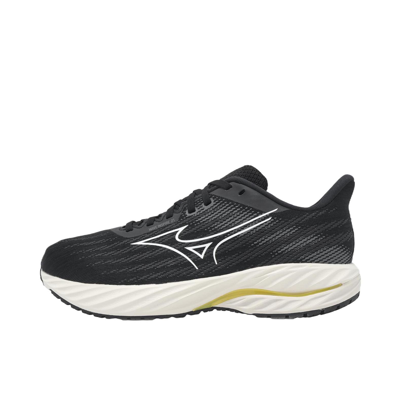 推荐商品：Mizuno/美津浓  Wave Inspire 21  缓震回弹 防滑耐磨 系带 公路 支撑型 舒适百搭  跑鞋 慢跑鞋 男款/黑色 