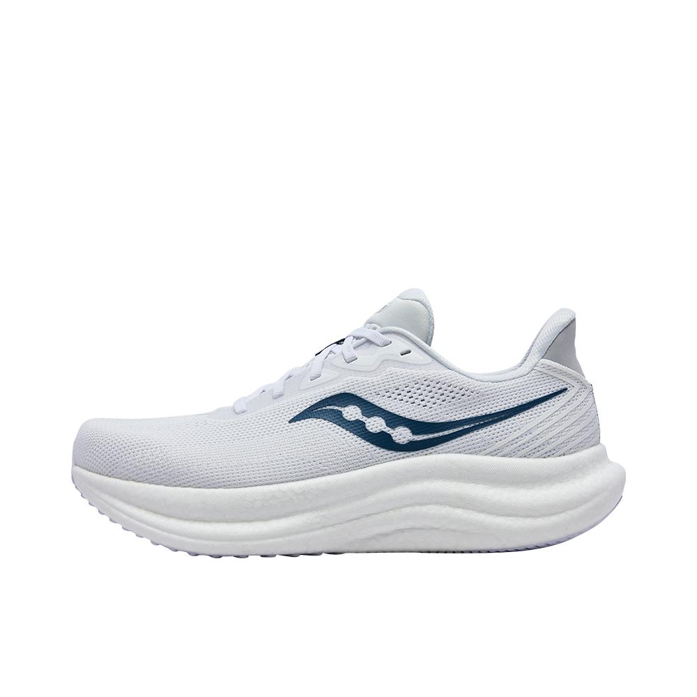 推荐商品：Saucony/索康尼 Triumph 胜利 23 跑鞋 慢跑缓震支撑训练防滑轻便 白色/蓝色