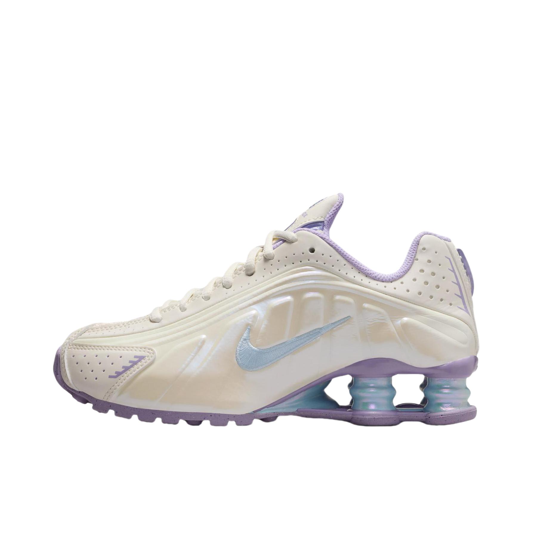 推荐商品：Nike Shox R4 跑鞋 气柱弹簧气垫防滑耐磨舒适减震复古百搭合成革回弹支撑贴合短跑耐用 大童/珍珠灰/绣球花紫/白色/天青石蓝