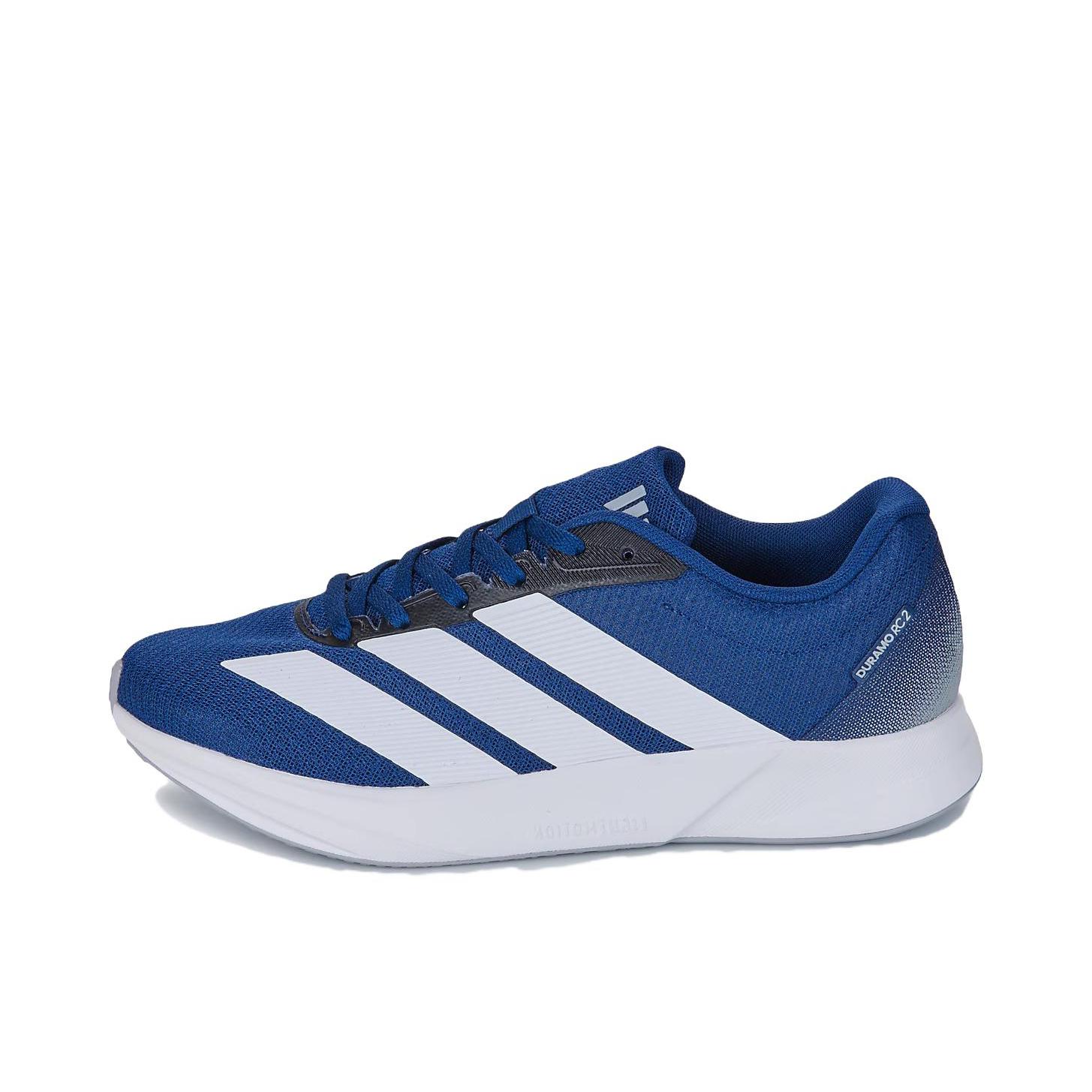 推荐商品：adidas Duramo RC 2 跑鞋 百搭舒适耐磨低帮备赛网面支撑训练缓震轻便防滑回弹排汗 深蓝色/白色/浅银色