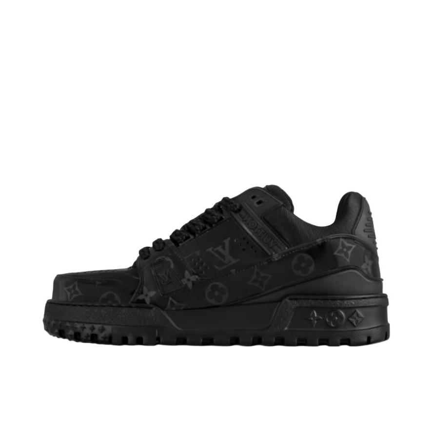 推荐商品：Louis Vuitton Trainer系列 网眼 舒适防滑 时尚潮流 圆头拼接 牛皮革 压纹 板鞋 印花/全黑色