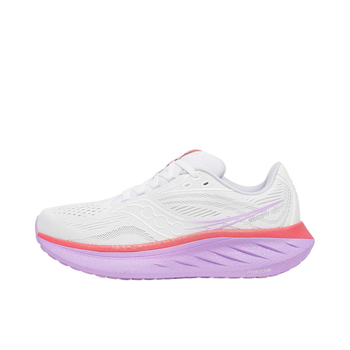 推荐商品：Saucony/索康尼 Ride 驭途 18 舒适缓震 防滑耐磨 低帮 慢跑 百搭 跑鞋 白色/紫色 