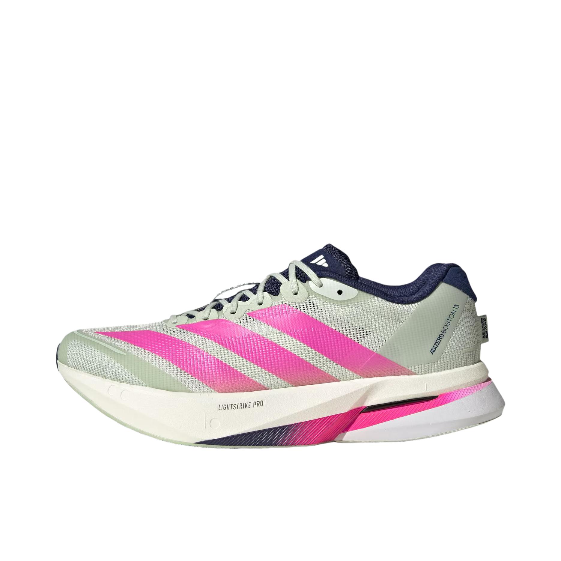 推荐商品：adidas Adizero Boston 13 跑鞋 低帮系带防滑耐磨透气玻纤柱竞训支撑贴合 亚麻绿/亮粉色/深蓝色 