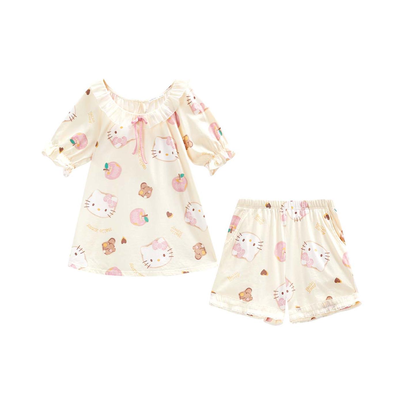 推荐商品：GUKOO/果壳 x HelloKitty 联名透气亲肤印花花边圆领睡衣套装 女装 10028653754822 芝士黄