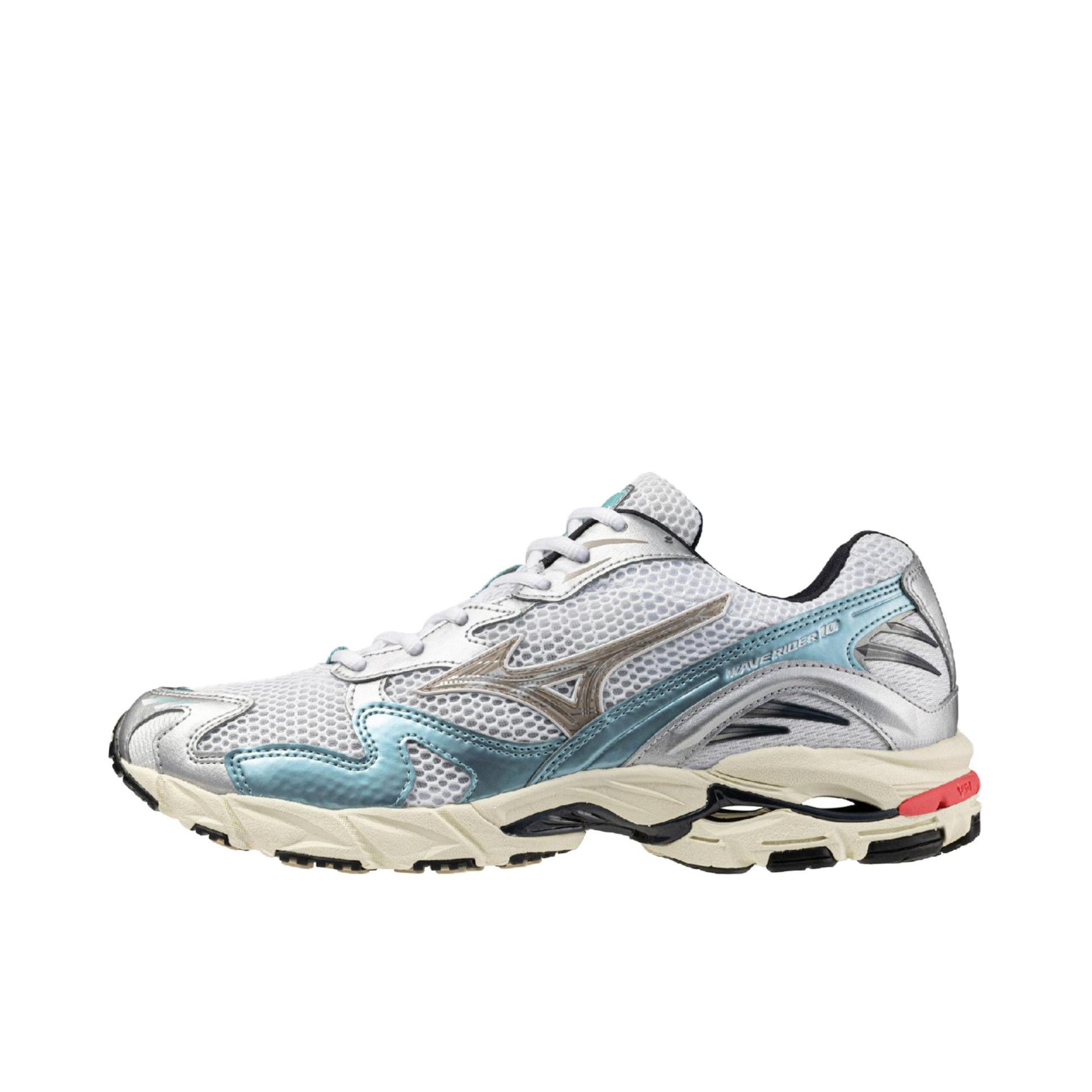 推荐商品：Mizuno/美津浓  Wave Rider 10  经典减震 防滑耐磨 轻便  网布 透气 织物 复古 合成革 运动  跑鞋 2E宽/白色/蓝色