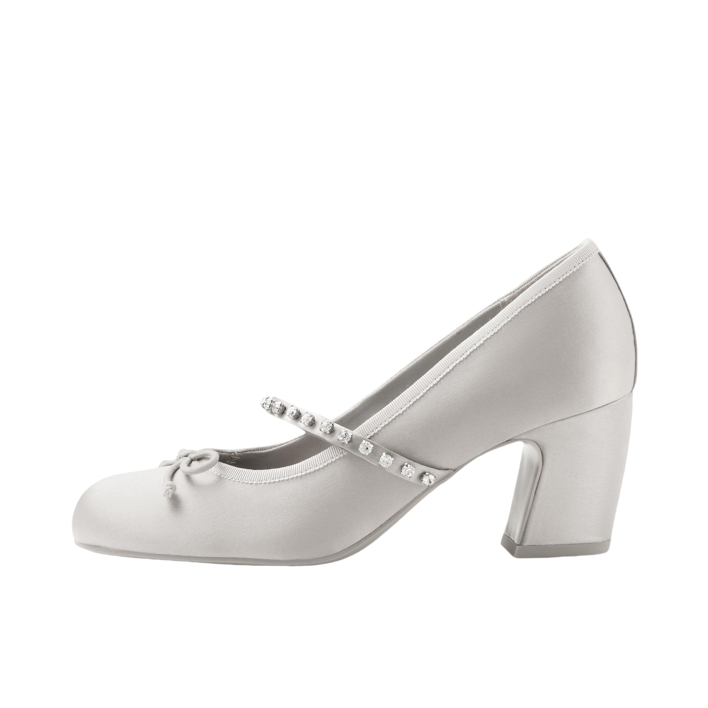 推荐商品：CHARLES&KEITH 高跟鞋 织物 一字带粗跟水钻亮钻纹理蝴蝶结 CK1-60280448 浅灰色