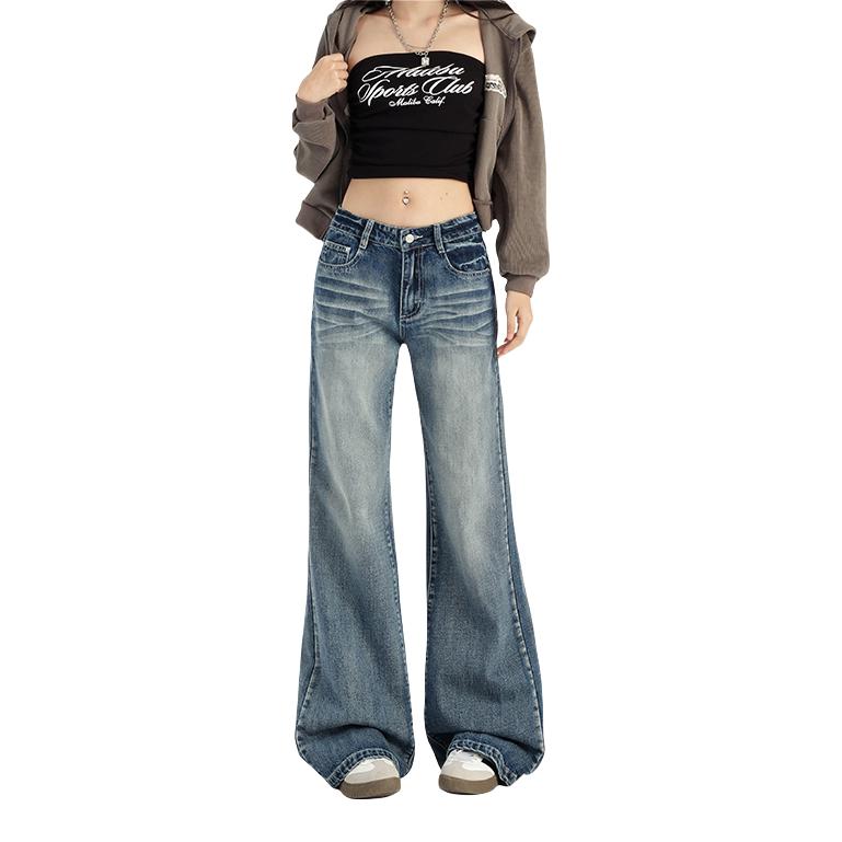 Forever21 阔腿微喇拖地垂感牛仔裤 女装 蓝