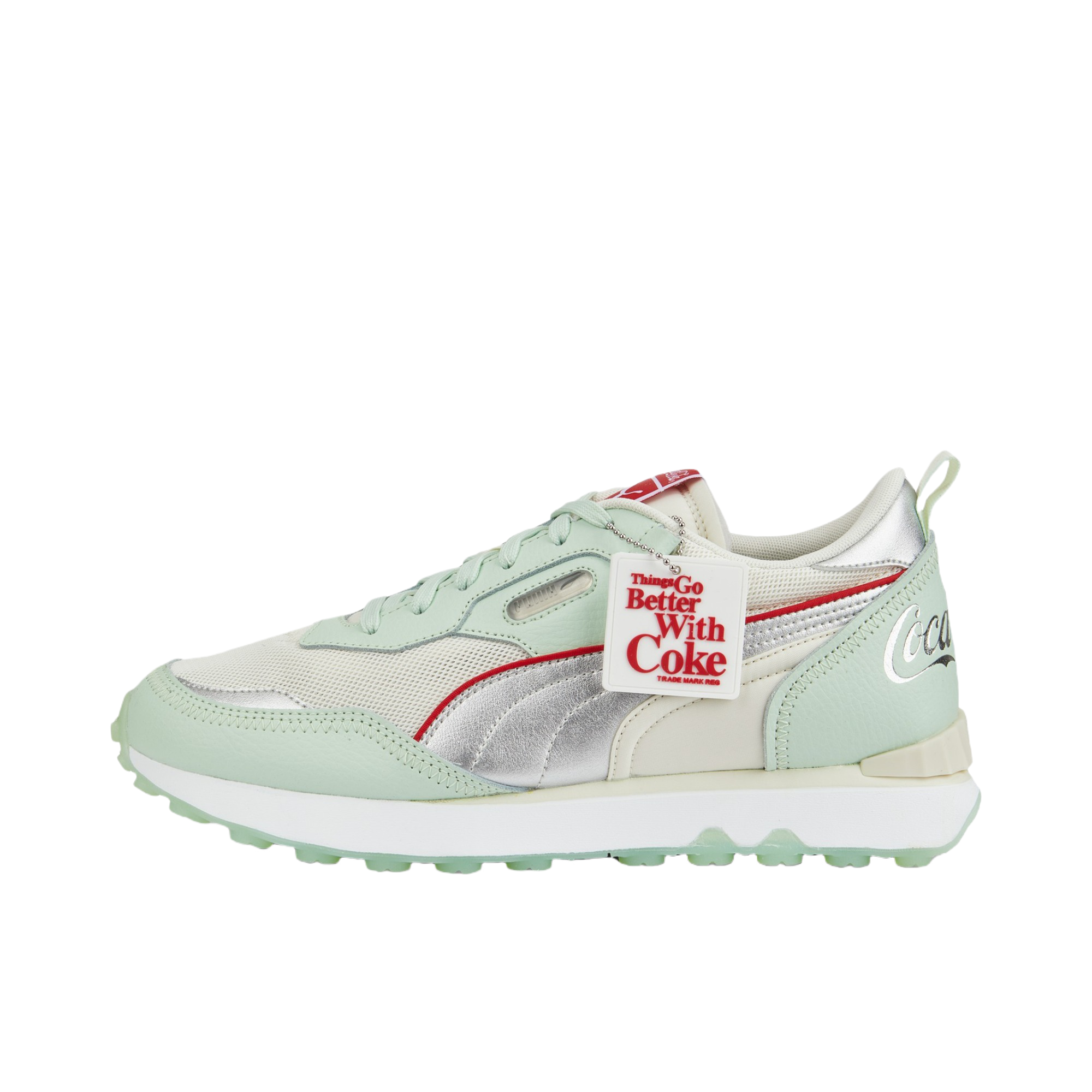 推荐商品：Puma/彪马 Rider FV 运动休闲鞋 减震防滑耐磨舒适轻便网面透气复古百搭抓地 可口可乐联名/浅绿色/银色