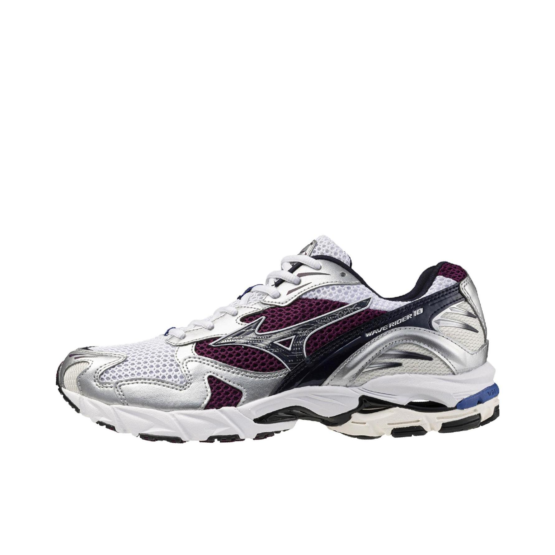 推荐商品：Mizuno/美津浓  Wave Rider 10  经典减震 防滑耐磨 轻便  网布 透气 织物 复古 合成革 运动  跑鞋 银色/白色/紫色