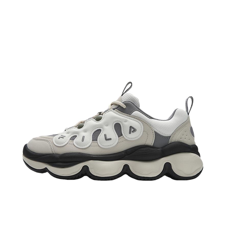 推荐商品：FILA/斐乐 Pease 防滑耐磨 舒适低帮 厚底 系带 合成革 老爹鞋 白玛瑙灰/雨朦灰色