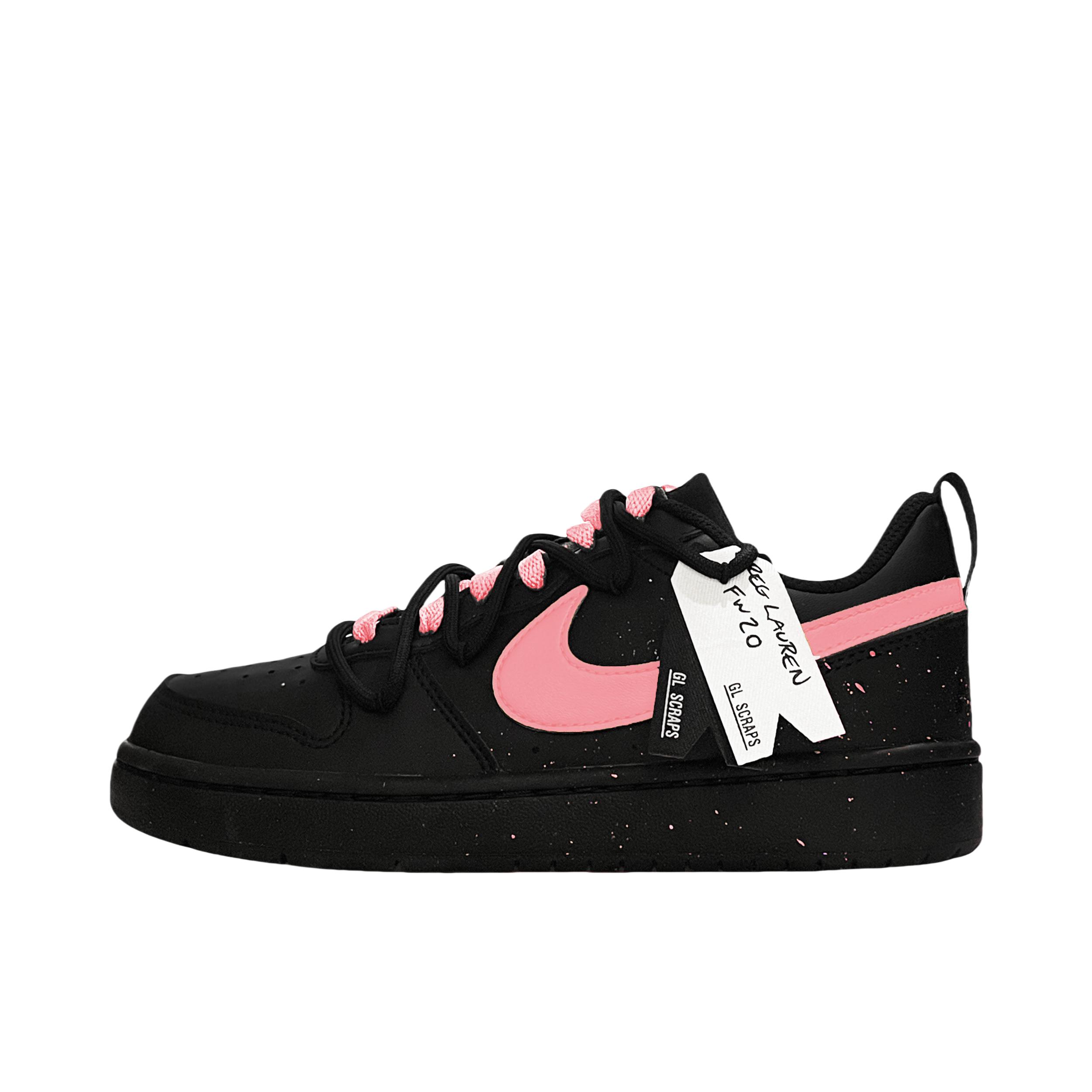 推荐商品：【定制球鞋】 Nike Court Borough 板鞋 防滑防水轻便减震手绘减龄做旧甜酷高街合成革甜妹包裹性复古婚鞋增高小白鞋薄底秋冬脏脏鞋 大童/粉玫公主