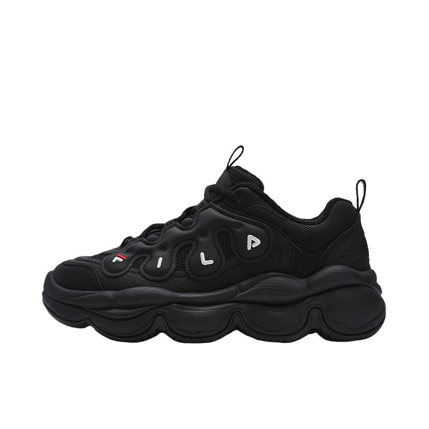 推荐商品：FILA/斐乐 Pease 防滑耐磨 舒适低帮 厚底 系带 合成革 老爹鞋 加绒/女款/暗黑色