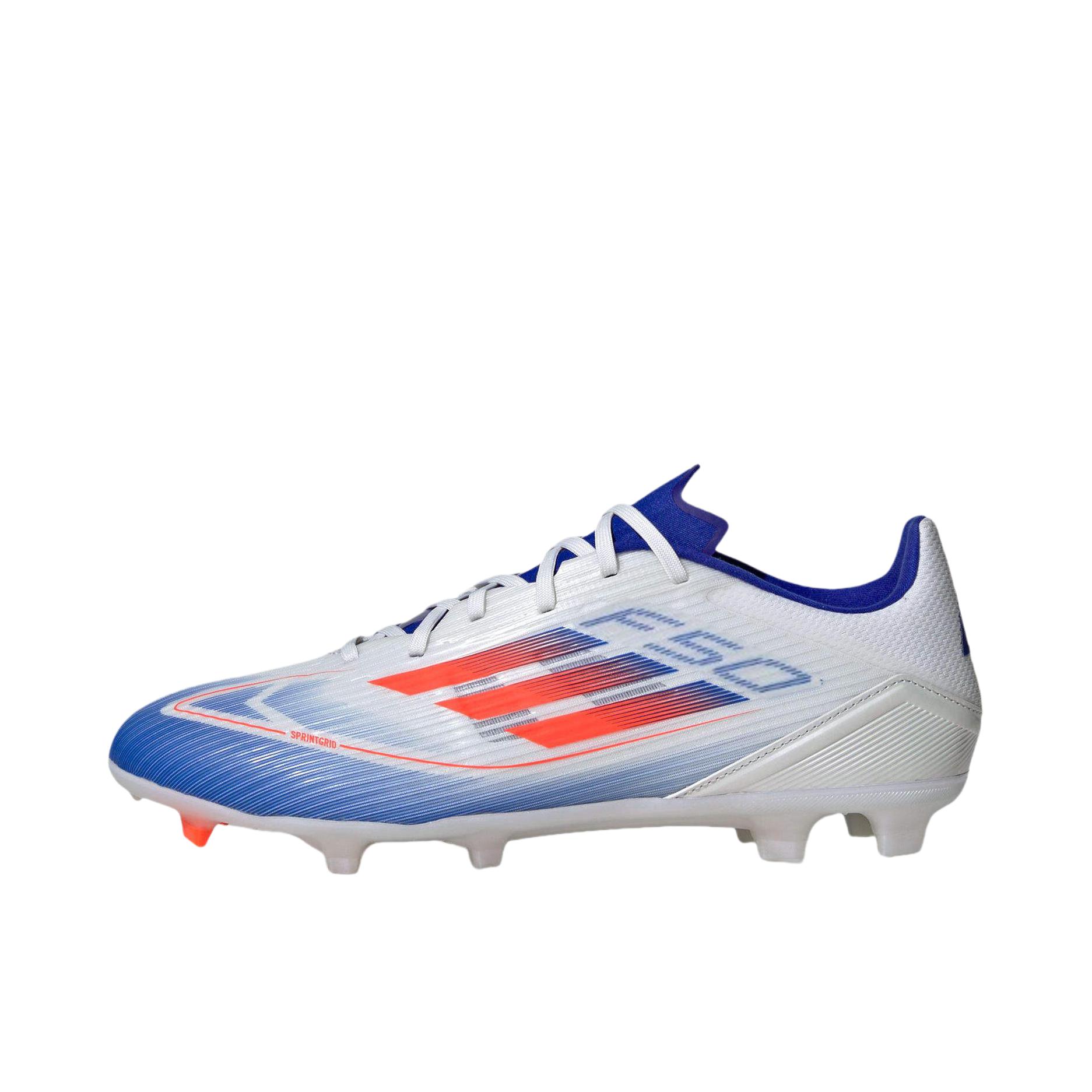 推荐商品：adidas F50 Elite FG 足球鞋 顶级胶质长钉天然硬草地耐用支撑 白色/蓝色/橙色