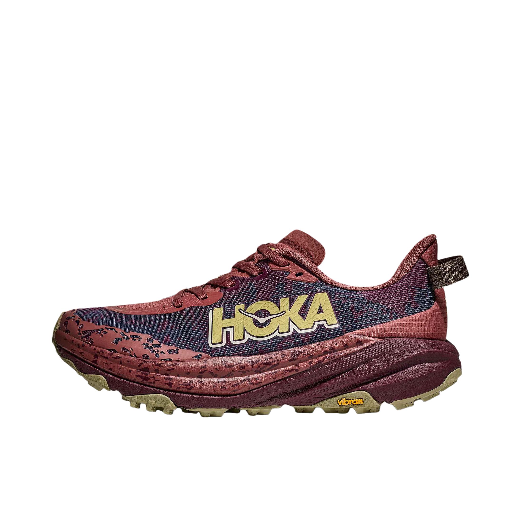 推荐商品：HOKA ONE ONE  Speedgoat 6  飞速羚羊  防滑耐磨 舒适回弹 织物 合成革 轻便 防水  低帮 跑鞋 女款/胭脂红/黑樱桃黑