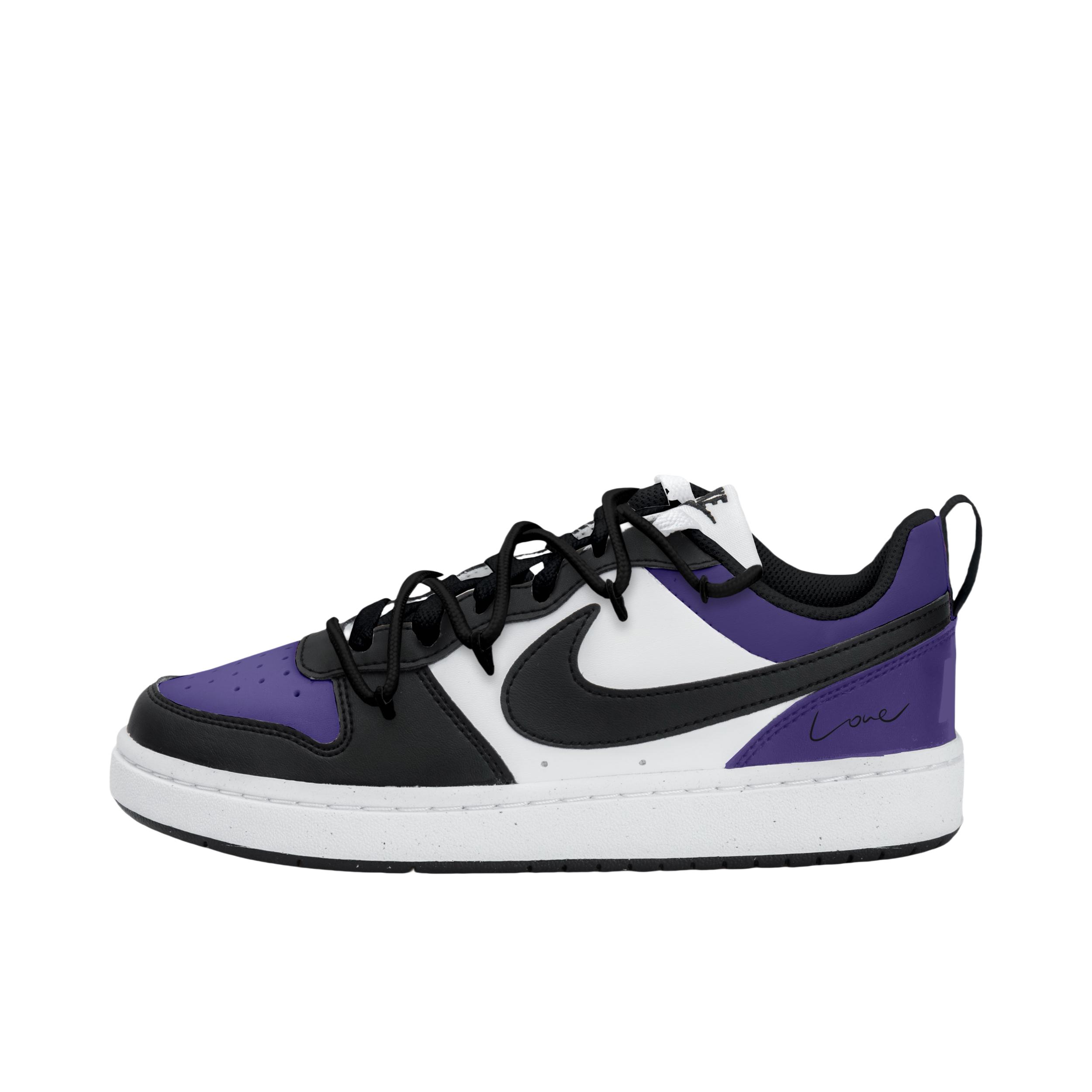 推荐商品：【定制球鞋】 Nike Court Borough 板鞋 防滑防水轻便减震手绘减龄做旧甜酷高街合成革甜妹包裹性复古婚鞋增高小白鞋薄底秋冬脏脏鞋 大童/质感黑紫解构