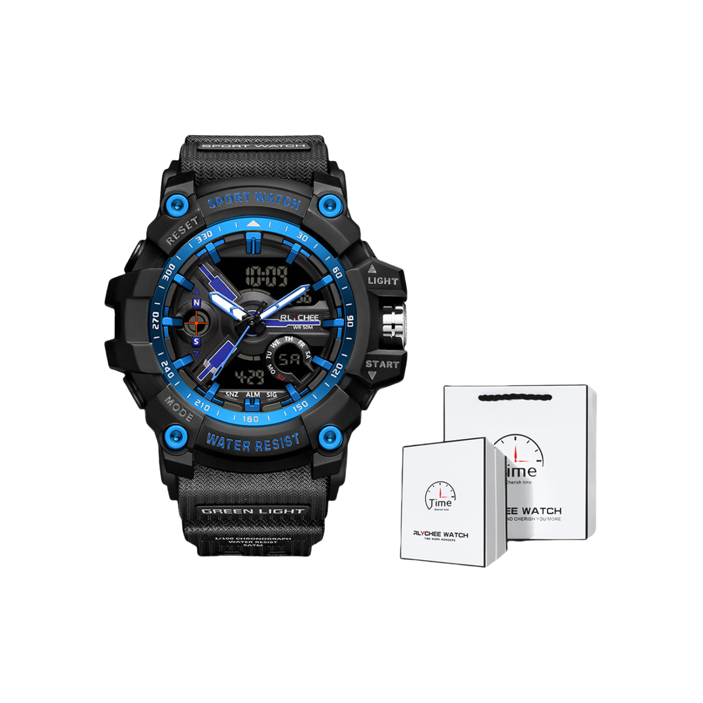 推荐商品：rlychee/雷利时 军事风闹钟夜光防水运动多功能电子石英男士手表