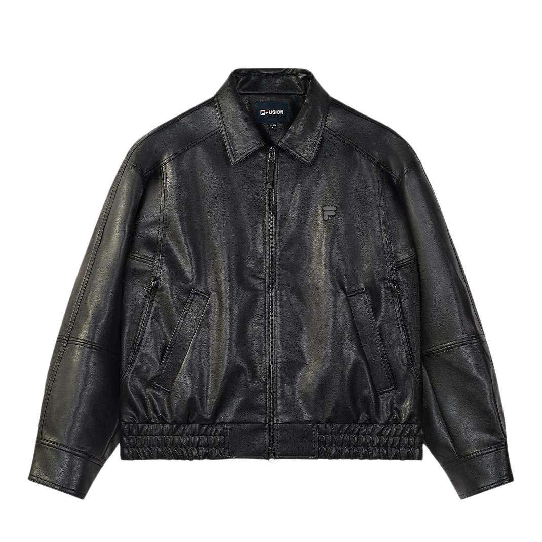 推荐商品：FILA/斐乐 FUSION LIFE拉链插肩袖字母长袖皮衣 T11M545702F 正黑