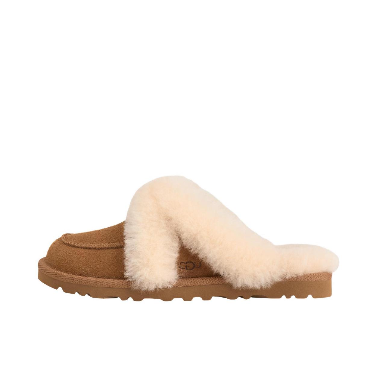 推荐商品：UGG 休闲系列Loria Fur 拖鞋 时尚百搭平底包头 栗色