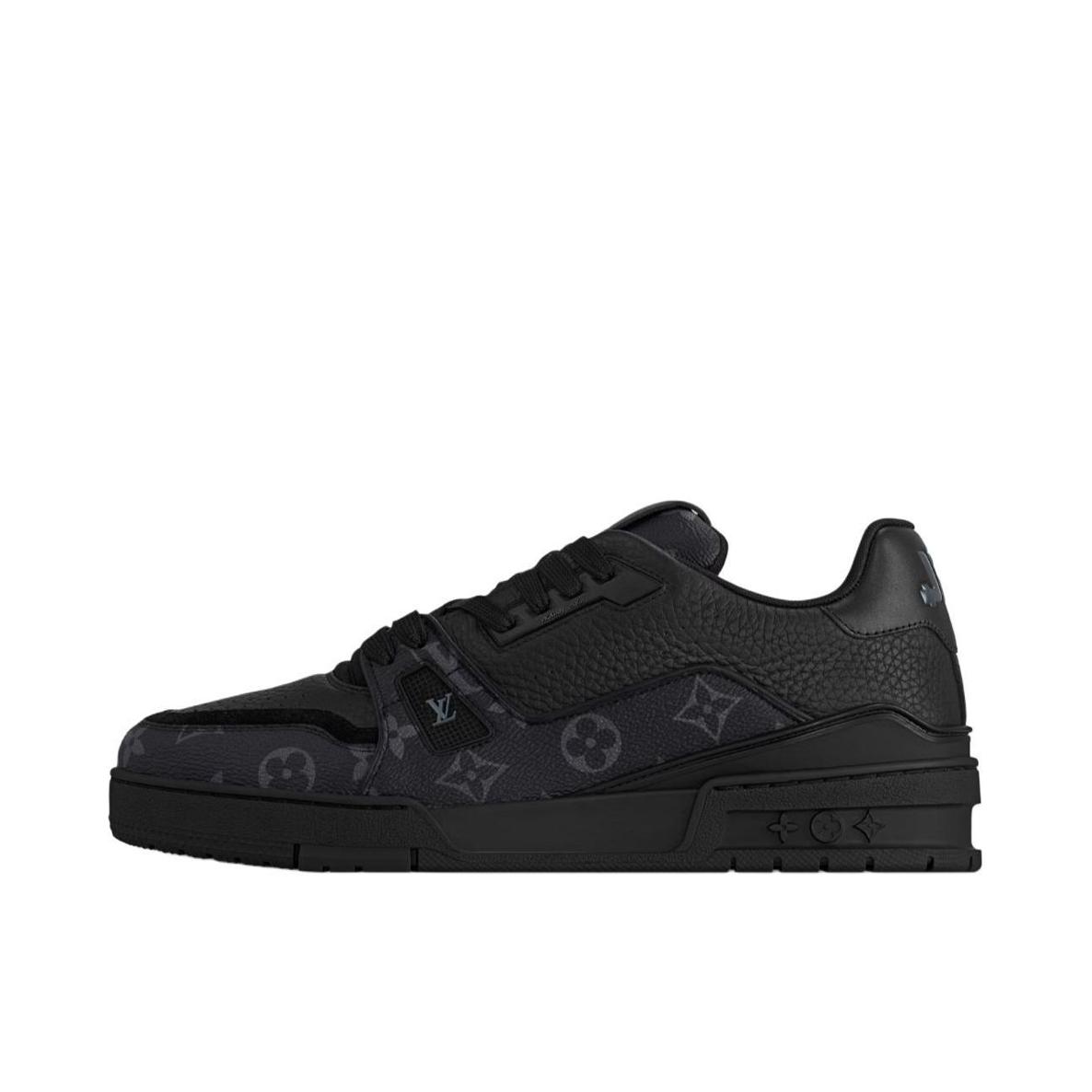 推荐商品：Louis Vuitton Trainer系列 网眼 舒适防滑 时尚潮流 圆头拼接 牛皮革 压纹 板鞋 深黑色