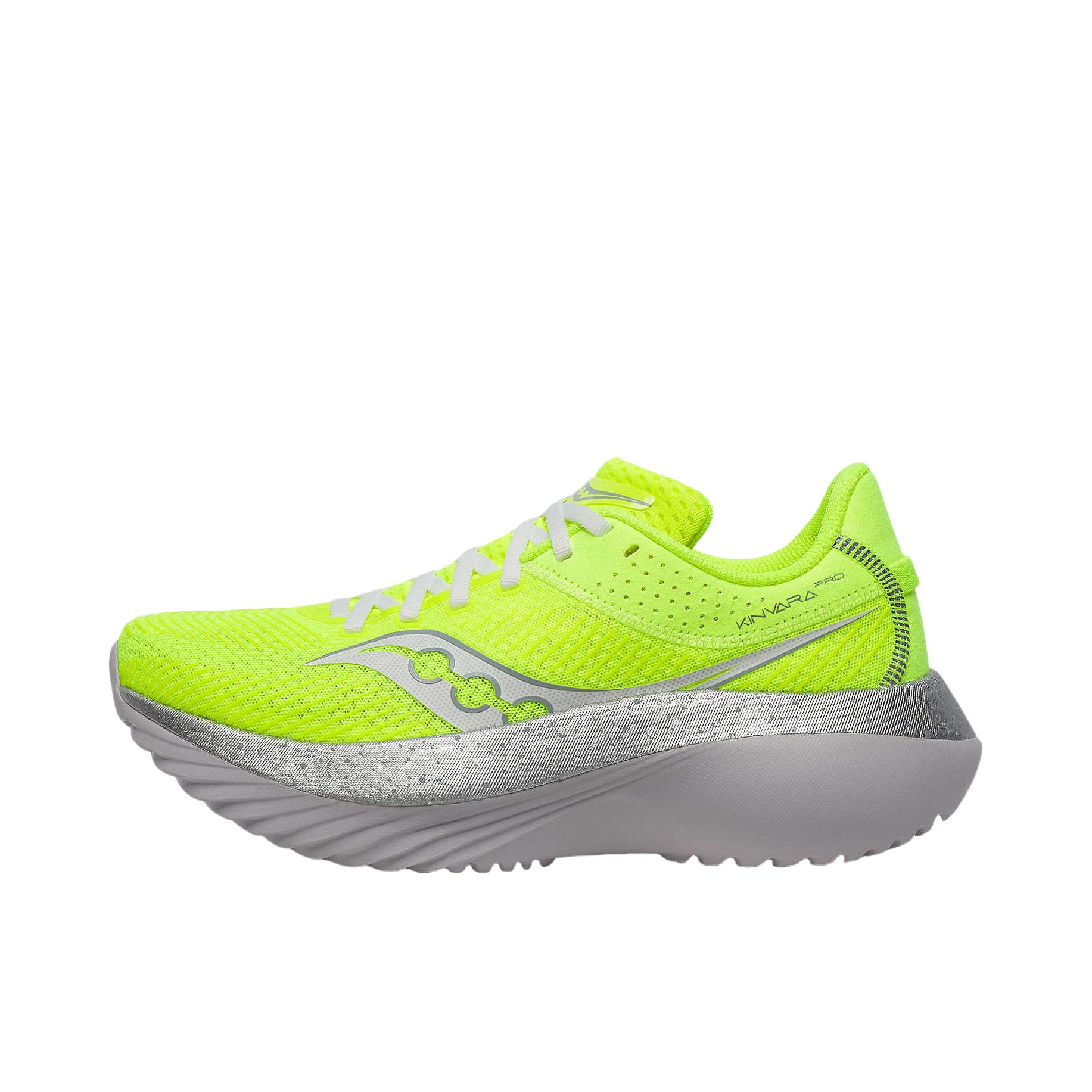 推荐商品：Saucony/索康尼 Kinvara 菁华 Pro 缓震回弹 竞速碳板 织物透气 舒适百搭 慢跑 跑鞋 女款/柠檬黄/银灰色