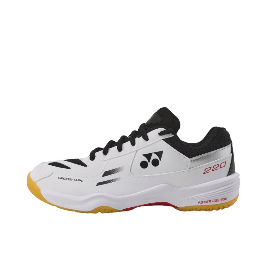 推荐商品：YONEX/尤尼克斯 Power Cushion 220系列 羽毛球鞋 系带防滑耐磨减震圆弧外底包裹性线条流畅圆头织物合成革 宽楦/白色/黑色