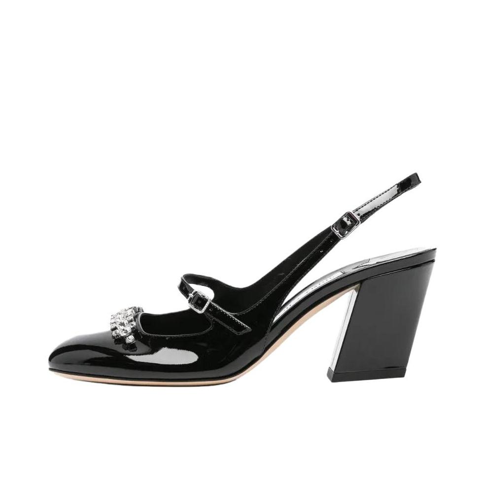 推荐商品：Jimmy Choo Belinda Sling 高跟鞋 小牛皮露跟粗跟搭扣 跟高7cm/黑色