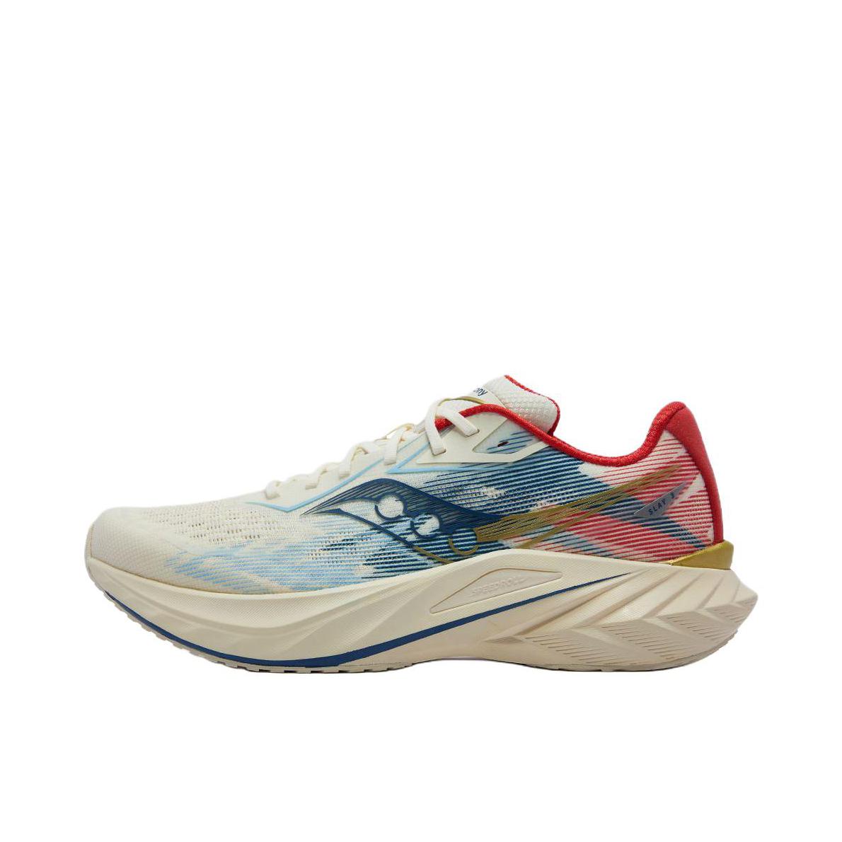 推荐商品：Saucony/索康尼 SLAY 全速3 跑鞋 耐磨竞速训练碳板缓震全掌回弹轻便防滑 米色/蓝色/红色