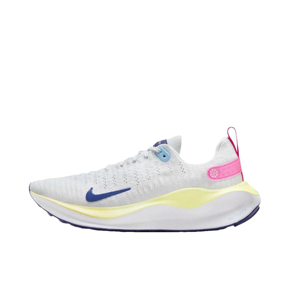 推荐商品：Nike React Infinity Run 4 跑鞋 公路舒适缓震防滑耐磨防水织物训练飞织抓地包裹性 光子灰/土星金/深宝蓝