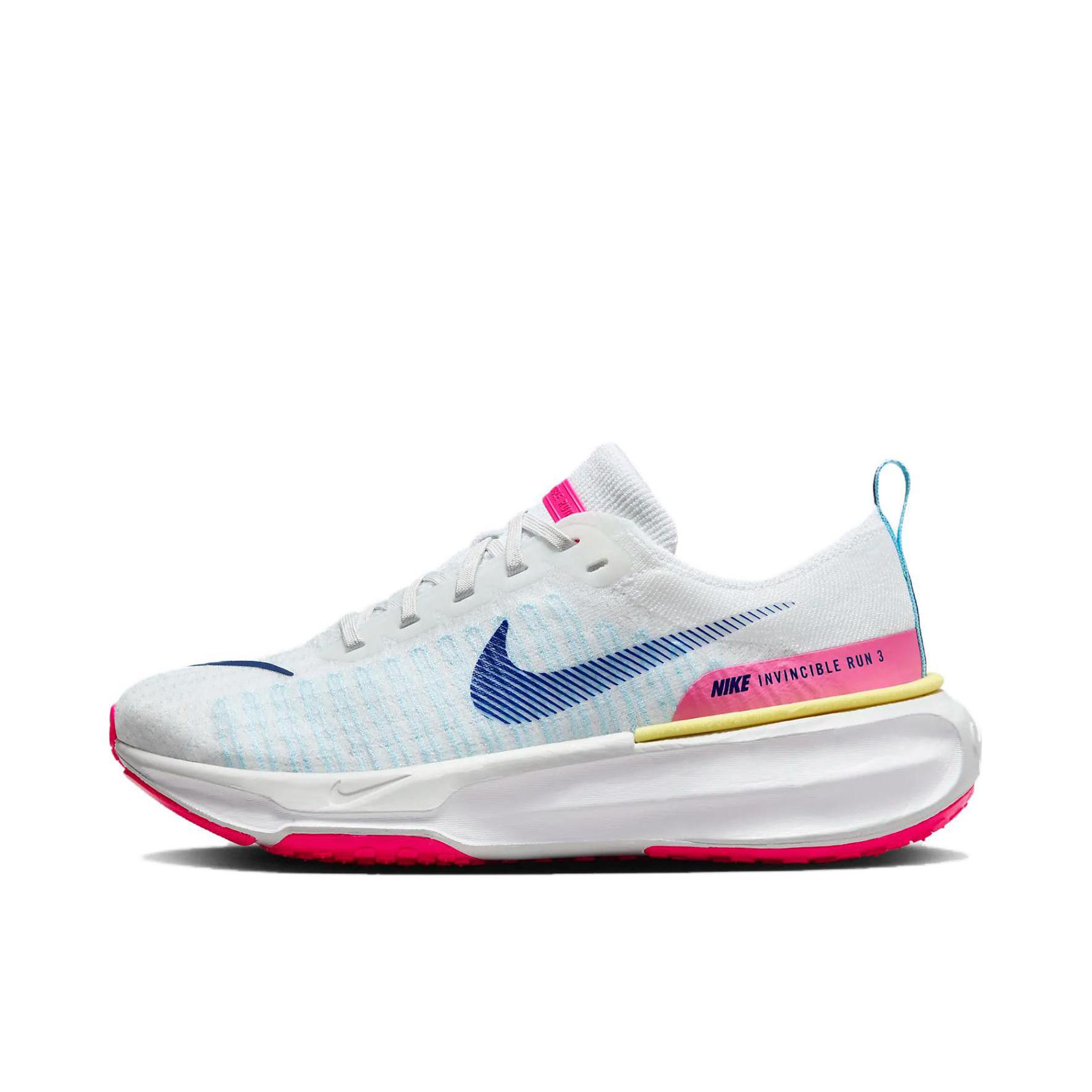 推荐商品：Nike Invincible 3 跑鞋 透气缓震织物运动支撑训练轻便平跟 女款/白色/深宝蓝/尘光子色
