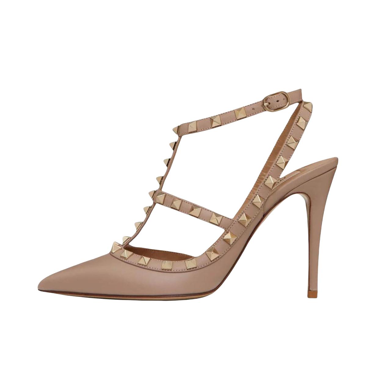 推荐商品：Valentino Rockstud 休闲时尚 露跟 铆钉装饰 踝带 尖头 一字带 细跟 高跟鞋 跟高11cm/粉色