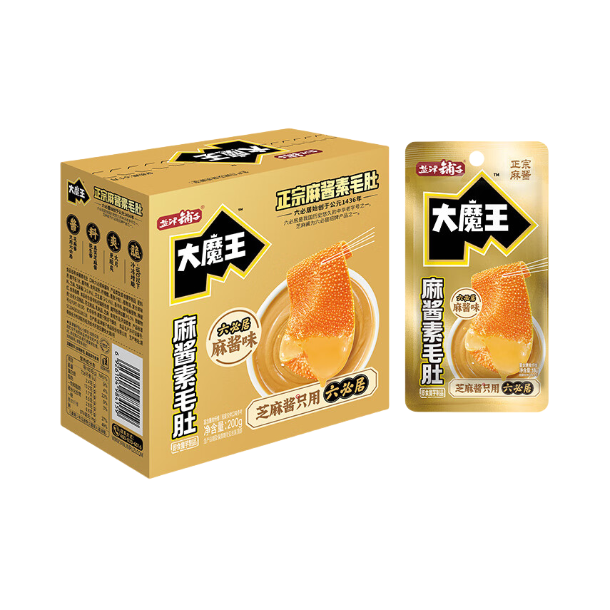 推荐商品：盐津铺子 大魔王 六必居麻酱味 200g 素毛肚 盒装 解馋微辣大片