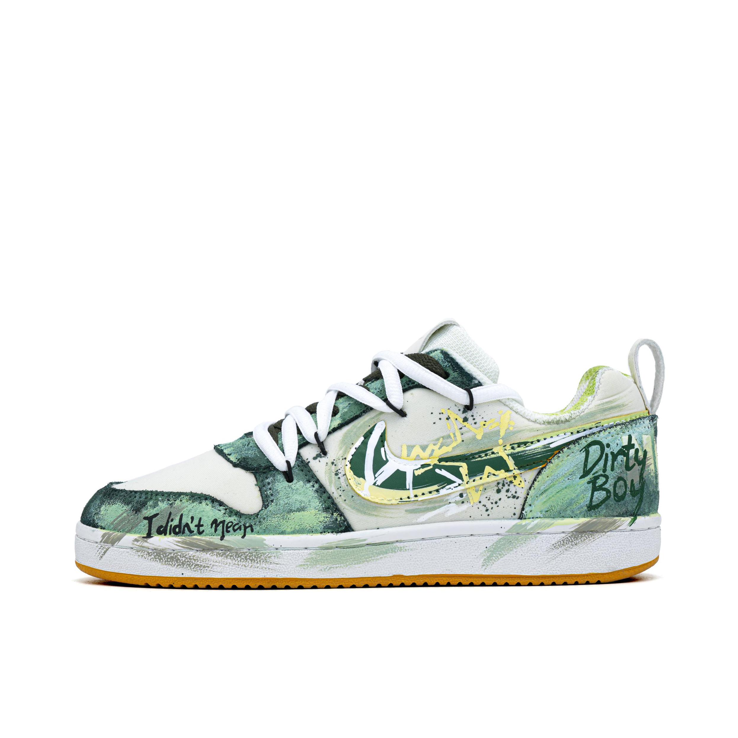 推荐商品：【定制球鞋】 Nike Court Borough 板鞋 防滑防水轻便减震手绘减龄做旧甜酷高街合成革甜妹包裹性复古婚鞋增高小白鞋薄底秋冬脏脏鞋 派对之星