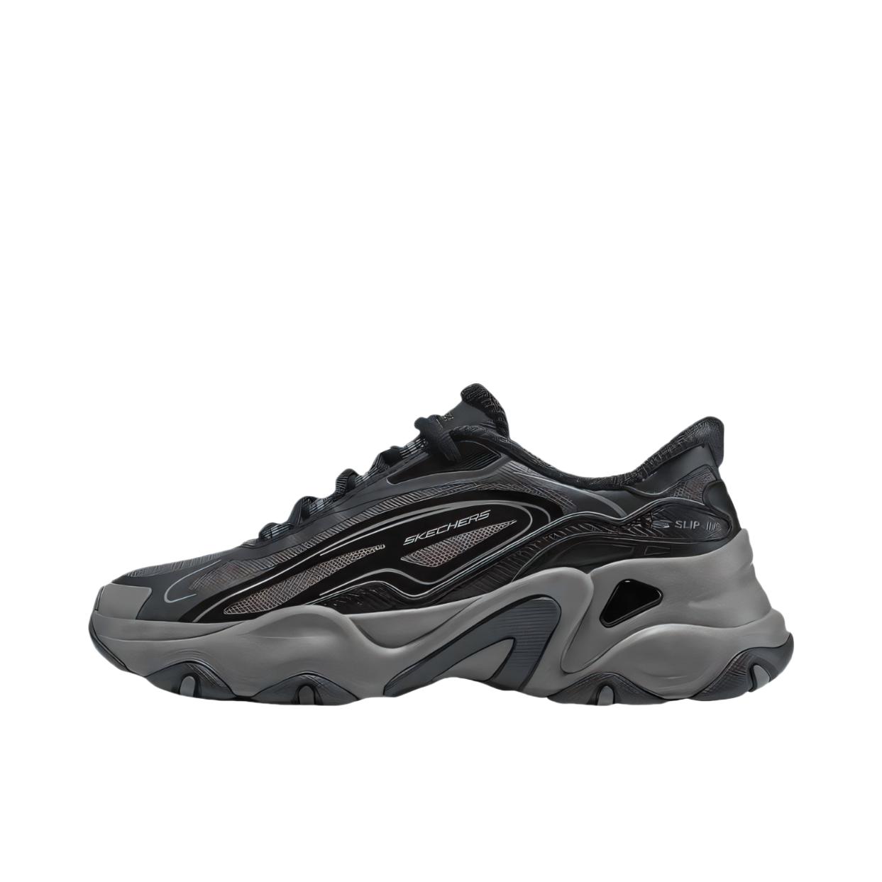 推荐商品：Skechers/斯凯奇 DLITES 老爹鞋 一脚蹬 百搭圆头系带厚底轻质软底增高 女款/黑色/炭灰色