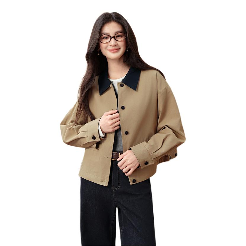 推荐商品：诗凡黎 撞色单排扣翻领风衣 女装 7G8160301 卡其/短款
