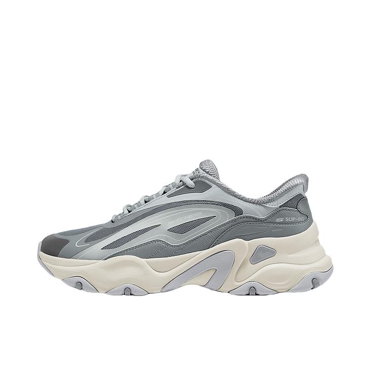 推荐商品：Skechers/斯凯奇 DLITES 老爹鞋 一脚蹬 百搭圆头系带厚底轻质软底增高 灰色