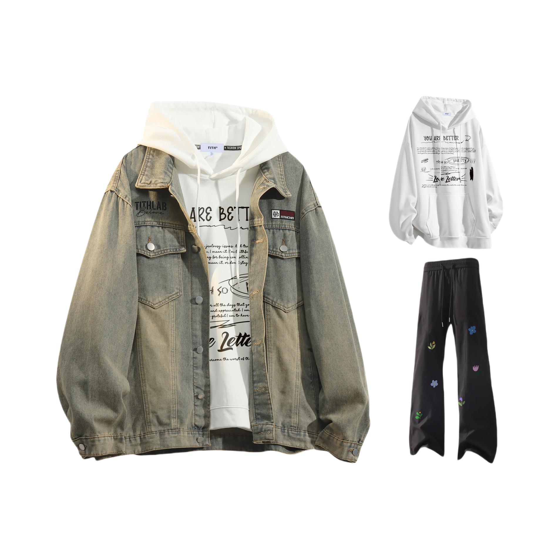 推荐商品：TITH 单排扣直筒牛仔水洗重工字母长袖运动套装 TH308-Q2071-163408+118+425 水泥黄夹克+白卫衣+黑长裤