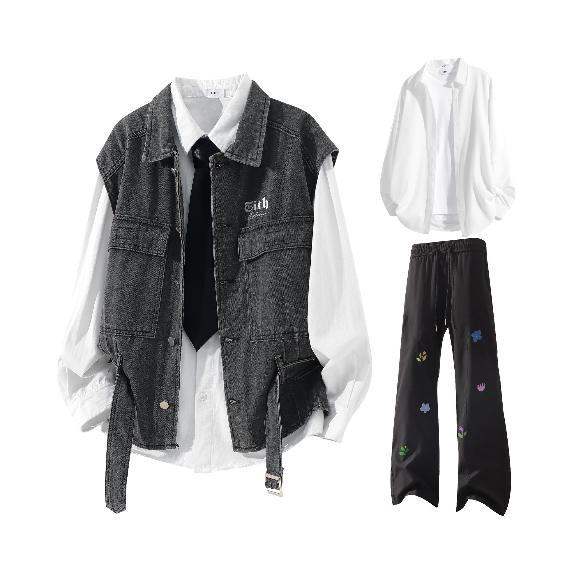 推荐商品：TITH 水洗牛仔多口袋机能风阔腿直筒长袖休闲套装 TH323-JK8867-16425+425-HK24800 黑马甲+黑长裤+白衬衫