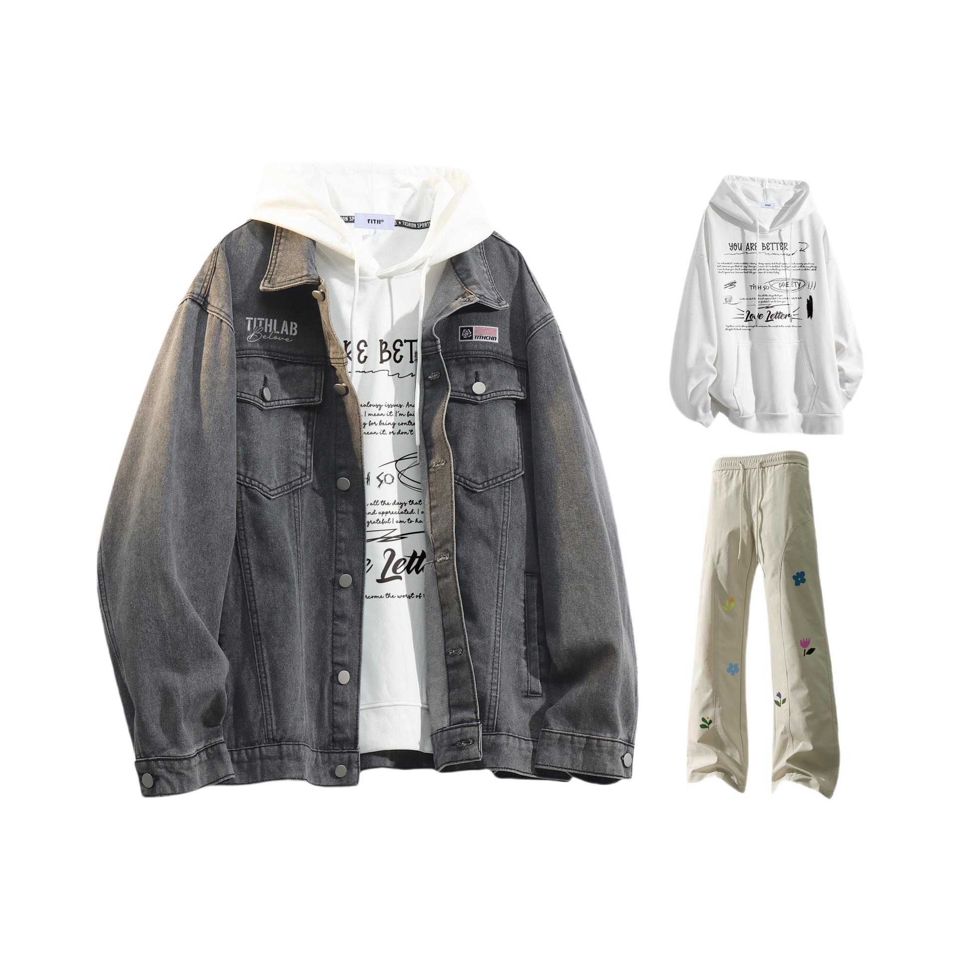 推荐商品：TITH 单排扣直筒牛仔水洗重工字母长袖运动套装 TH308-Q2071-163408+118+425 深灰夹克+白卫衣+米白长裤