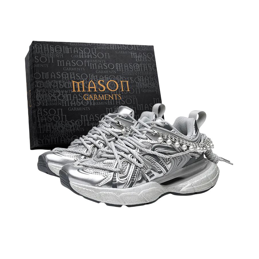 推荐商品：masongarments 牢笼 防滑耐磨 舒适轻便 网布透气 厚底增高 潮流时尚 简约百搭 大气 绑带 支撑 做旧 爹鞋 礼盒款/银色/灰色