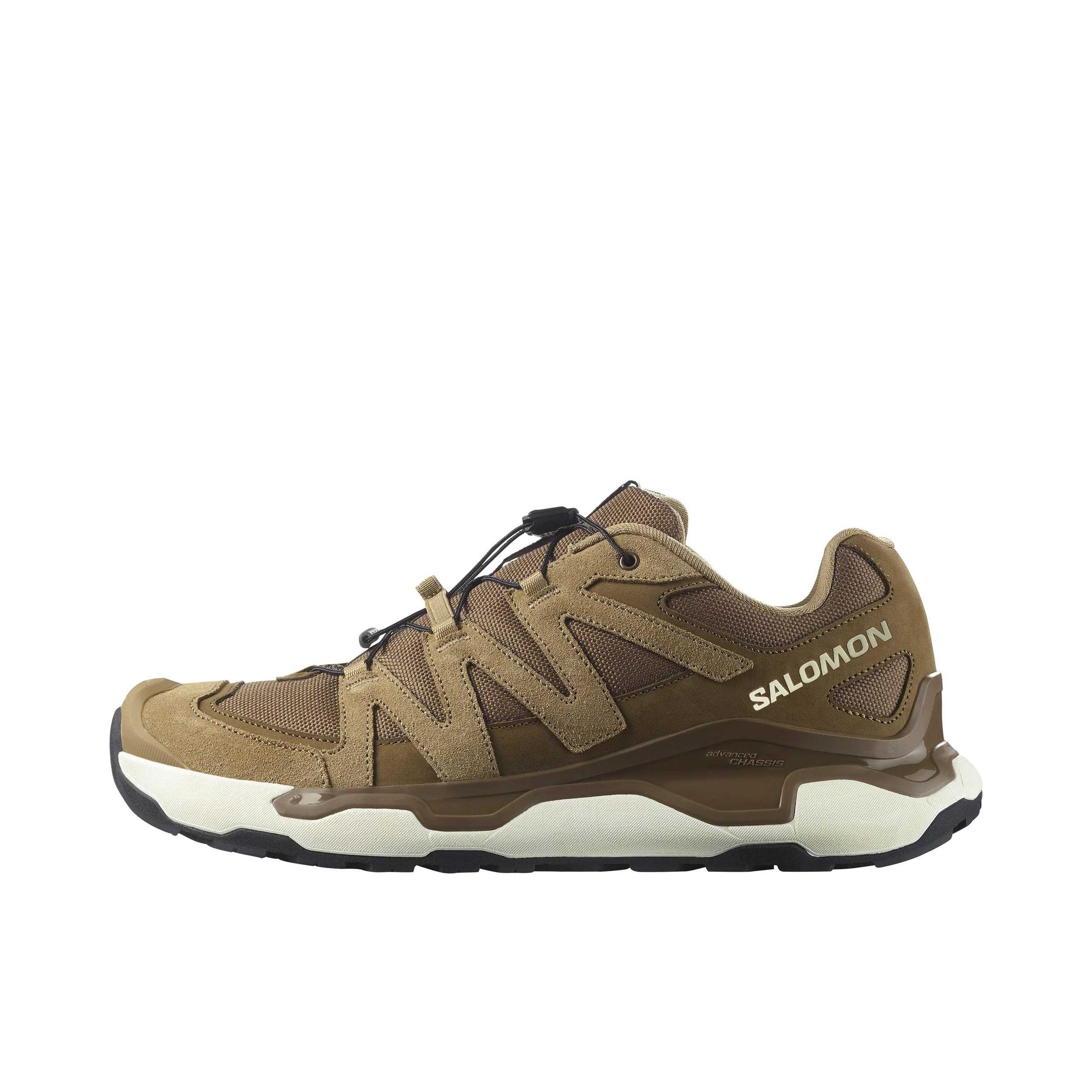 推荐商品：Salomon/萨洛蒙 XC ROAM LEATHER 户外休闲鞋 耐磨平跟橡胶支撑织物防水减震轻便 深土色/海带绿/香草冰色