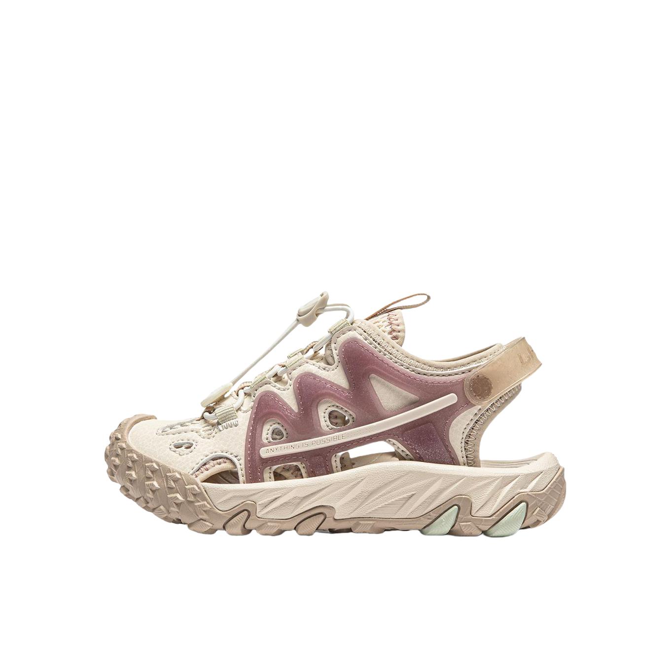 推荐商品：李宁 远行 减震回弹 防滑耐磨 镂空包头 软底运动 凉鞋儿童 小童/天鹅白/苏梅粉