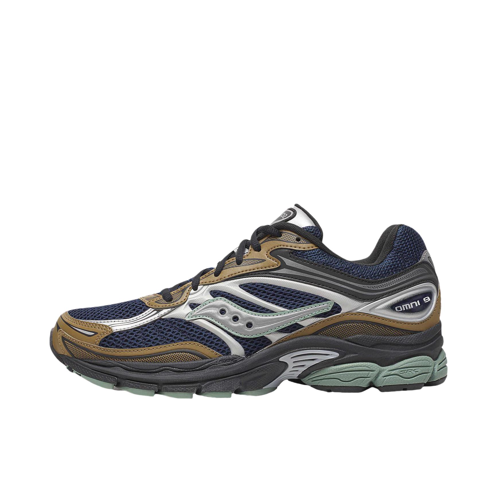 推荐商品：Saucony/索康尼 ProGrid Omni 全擎 9 防滑耐磨 舒适透气 支撑 缓震轻便 低帮 圆头 复古潮流 跑鞋 棕色/蓝色