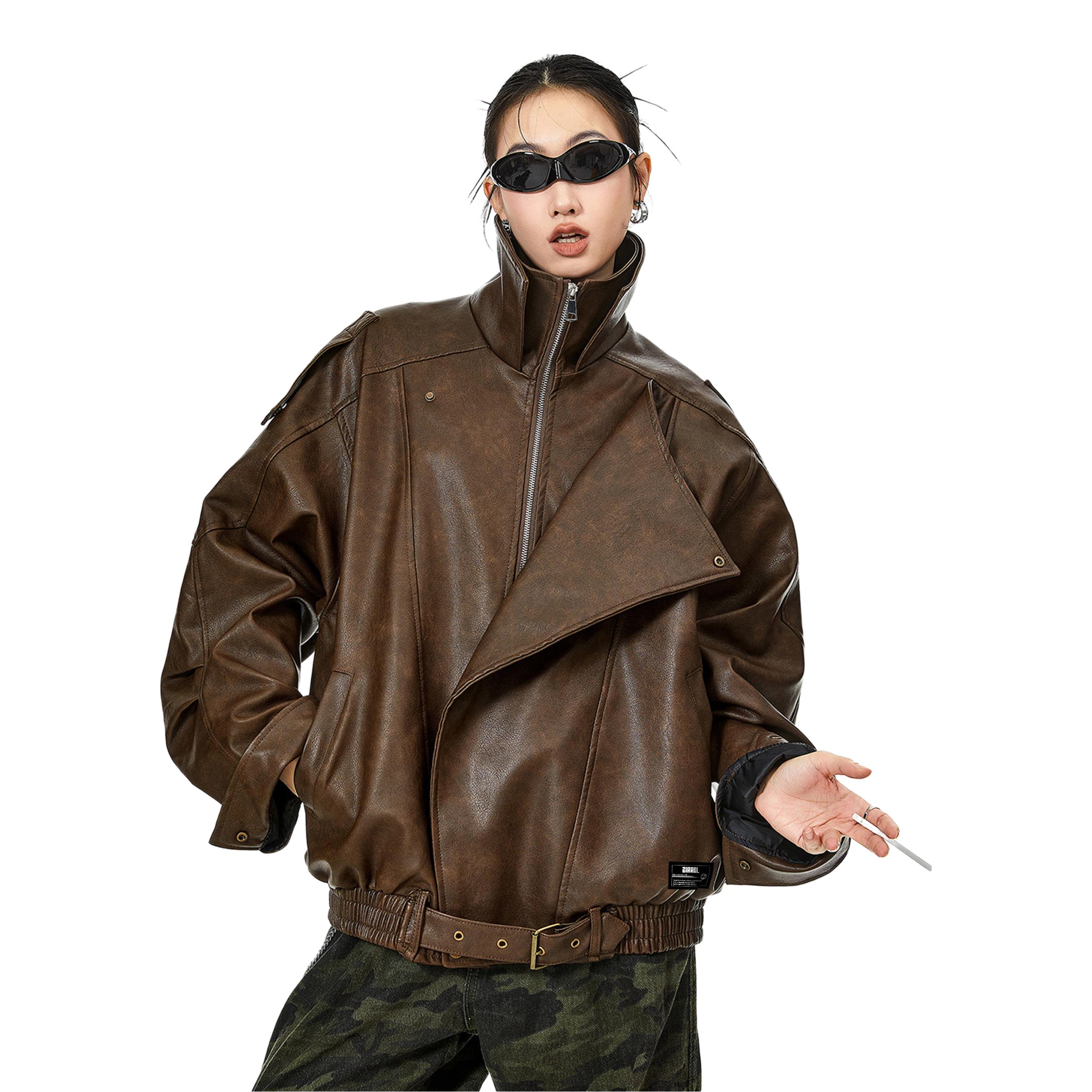 推荐商品：ZIAREL 学院风落肩袖立领皮衣 JS-ZR899-J415 棕