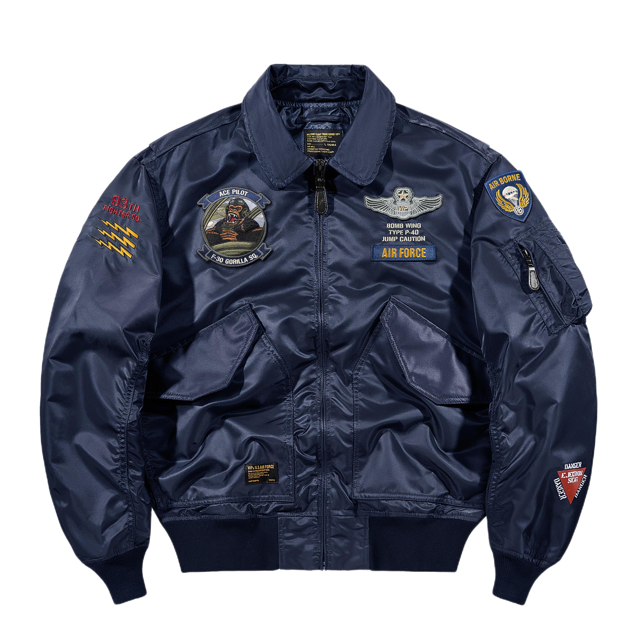 推荐商品：VIP飞行潮牌 空军系列防风落肩袖飞虎队刺绣翻领夹克 藏青