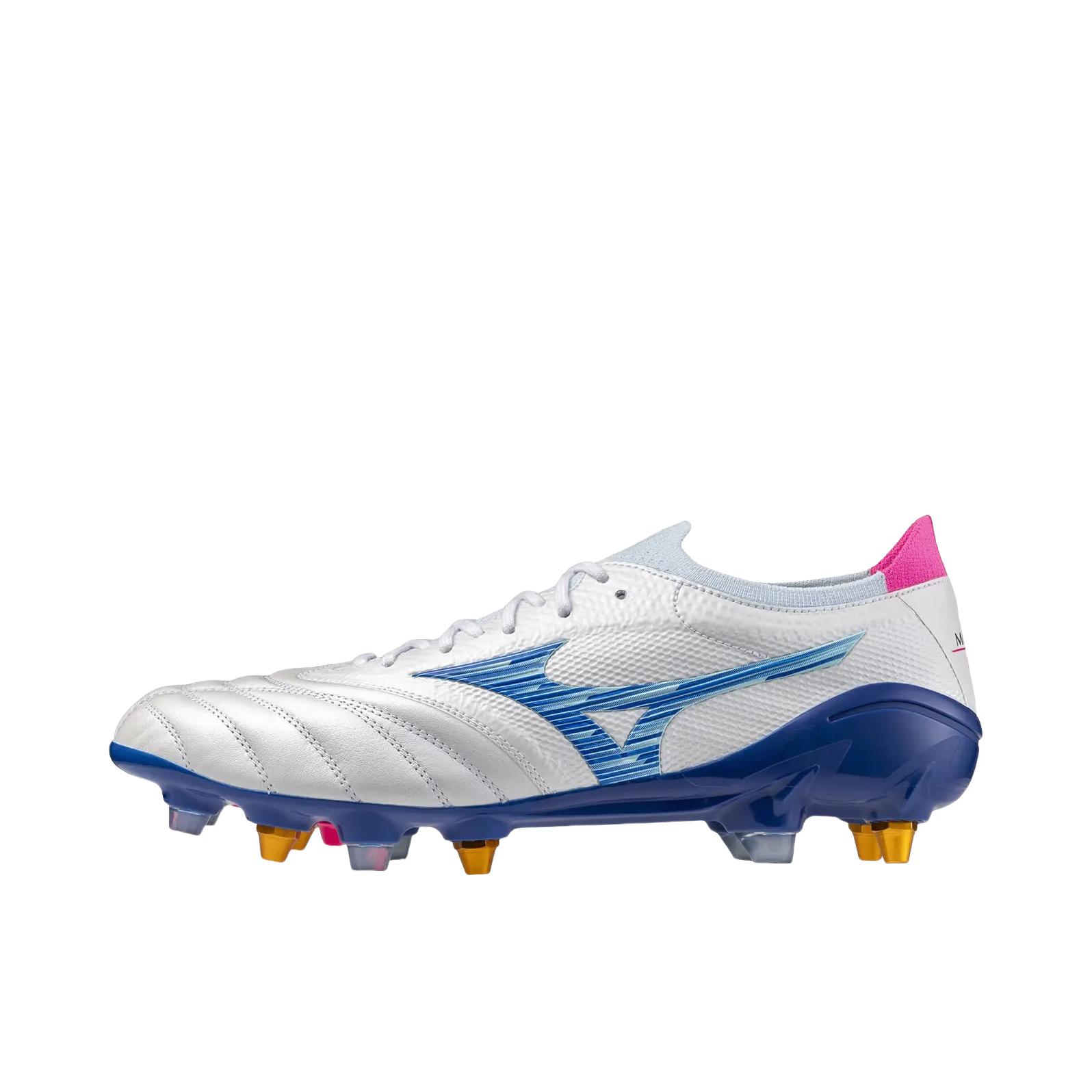 推荐商品：Mizuno/美津浓 Morelia NEO 4 FG 防滑耐磨 圆头 胶质长钉 天然草地 足球鞋 奶白色/蓝色