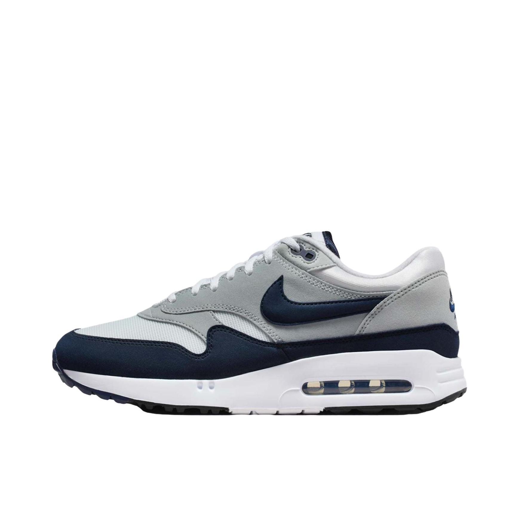 推荐商品：Nike Air Max 1 跑鞋 气垫缓震透气轻便复古运动舒适百搭潮流耐磨低帮训练防滑冬季支撑马拉松防水抓地圆头耐穿 羽白色/灰色