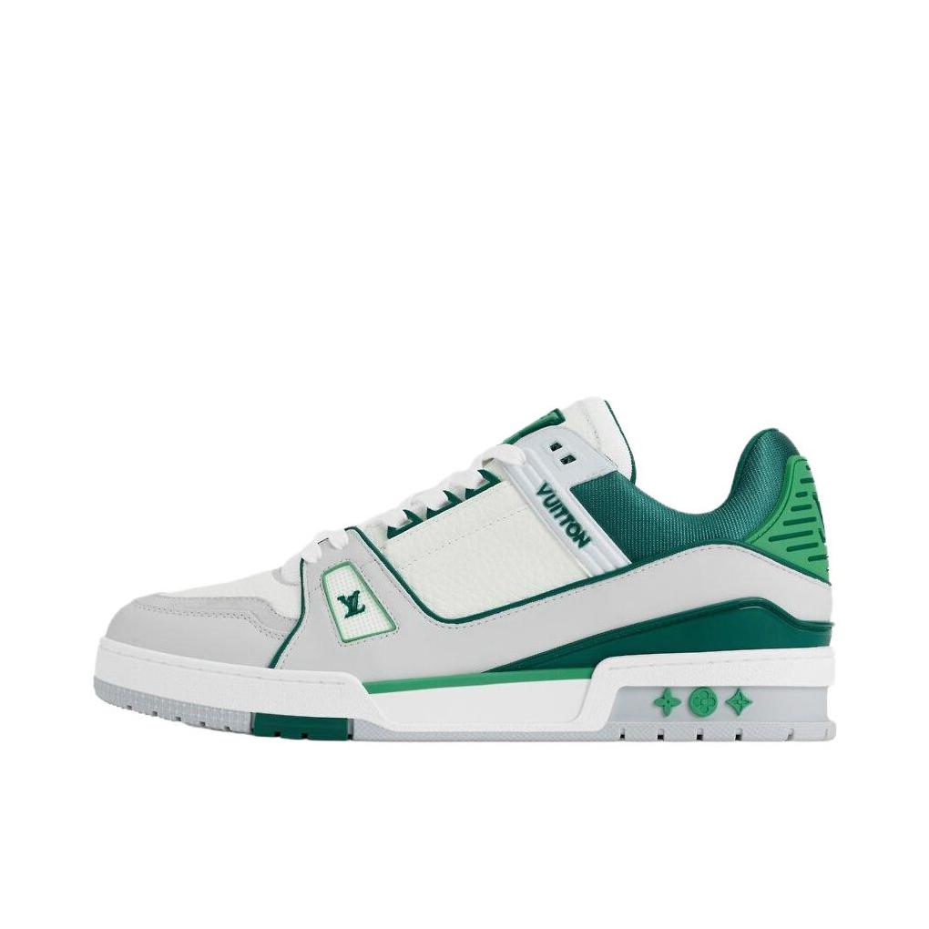 推荐商品：Louis Vuitton Trainer系列 网眼 舒适防滑 时尚潮流 圆头拼接 牛皮革 压纹 板鞋 绿色/灰色/白色
