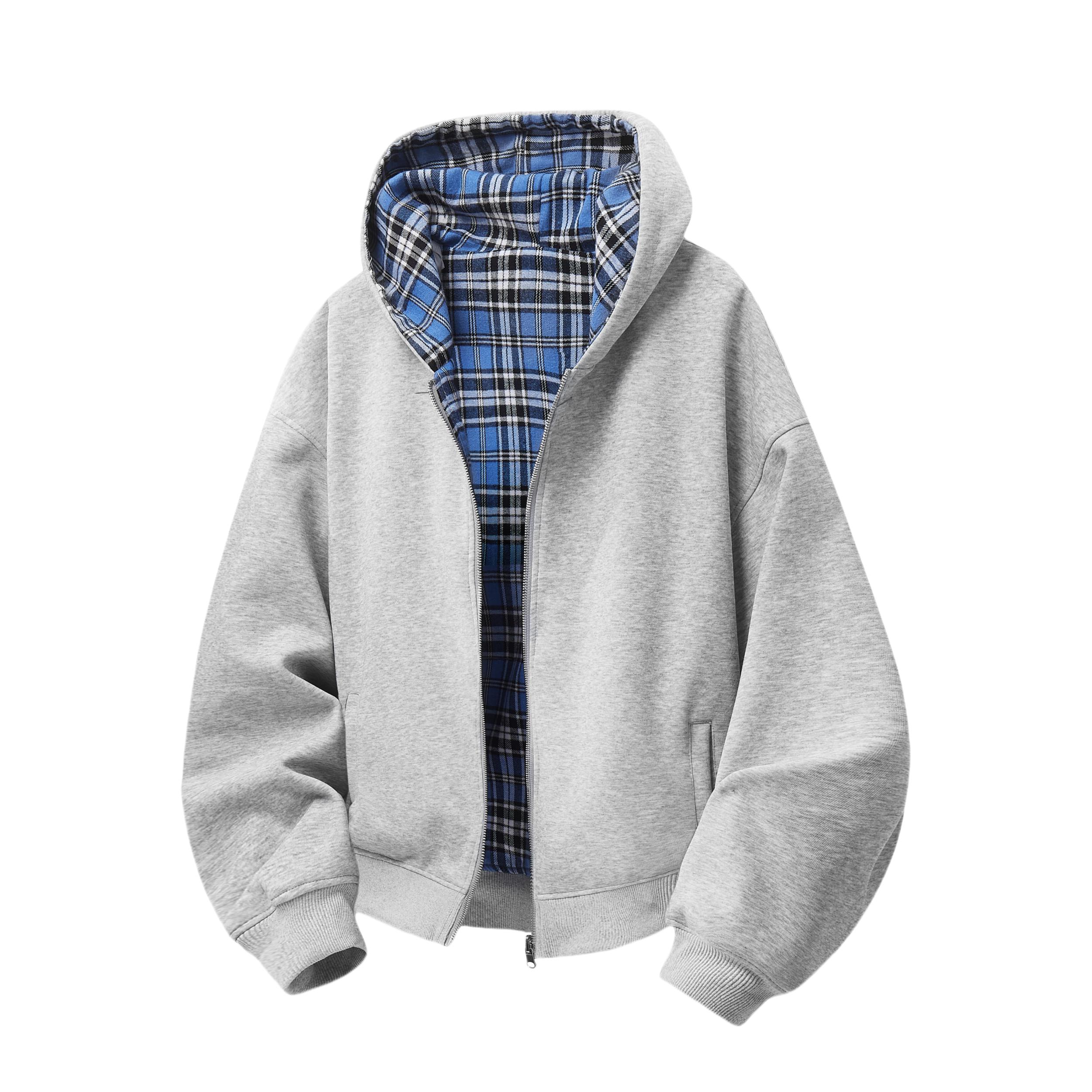 推荐商品：homeboisportclub 重磅双面穿格子开衫连帽长袖卫衣 HBWT-001 灰