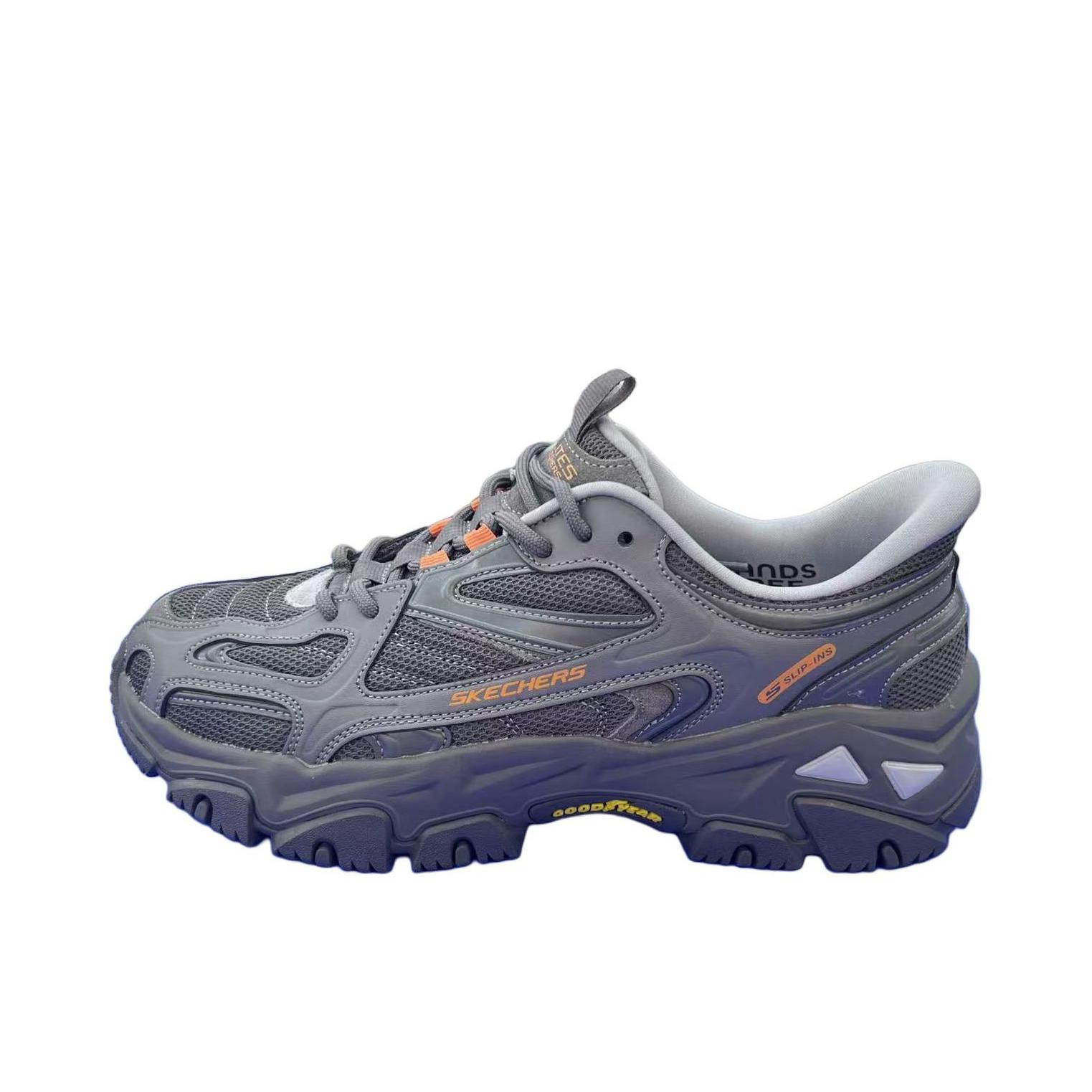 推荐商品：Skechers/斯凯奇 SLIP INS 老爹鞋 闪穿鞋 缓震百搭舒适支撑增高 灰色/橘色